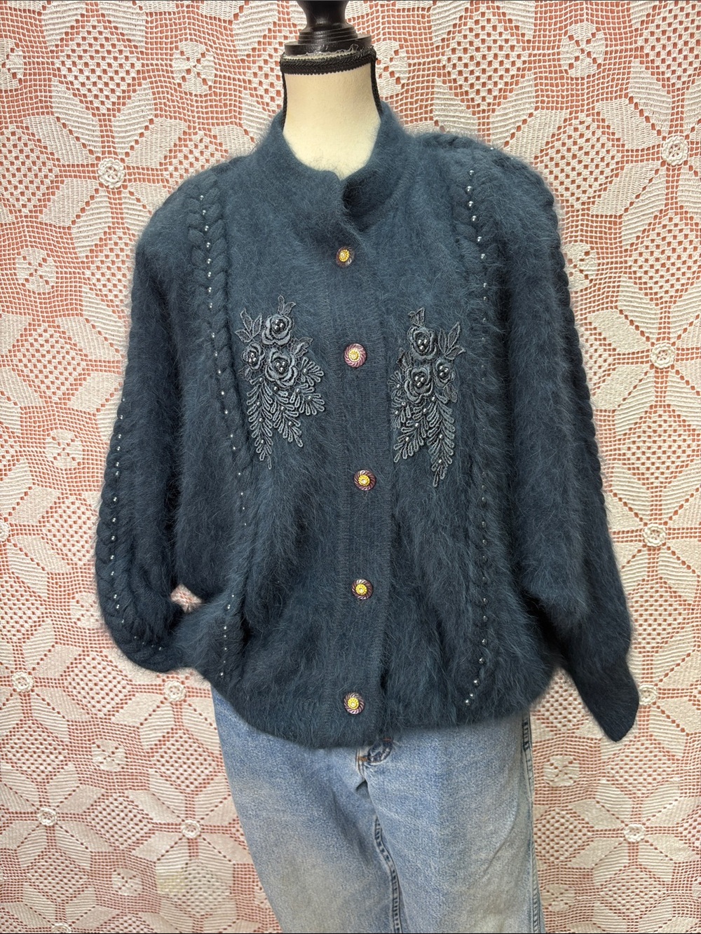 Vintage Mirano 80% Angora Embellished Cardigan Sz M-XXL